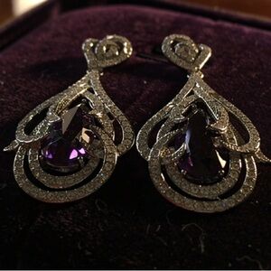 Elegant Silver-Tone Purple CZ Teardrop Chandelier Earrings